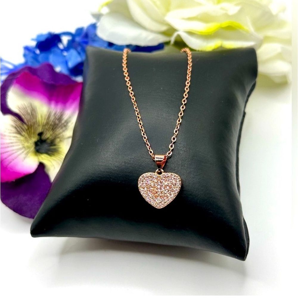 Rose Gold Heart Pendant Necklace with Pavé Crystals - Women's Jewelry